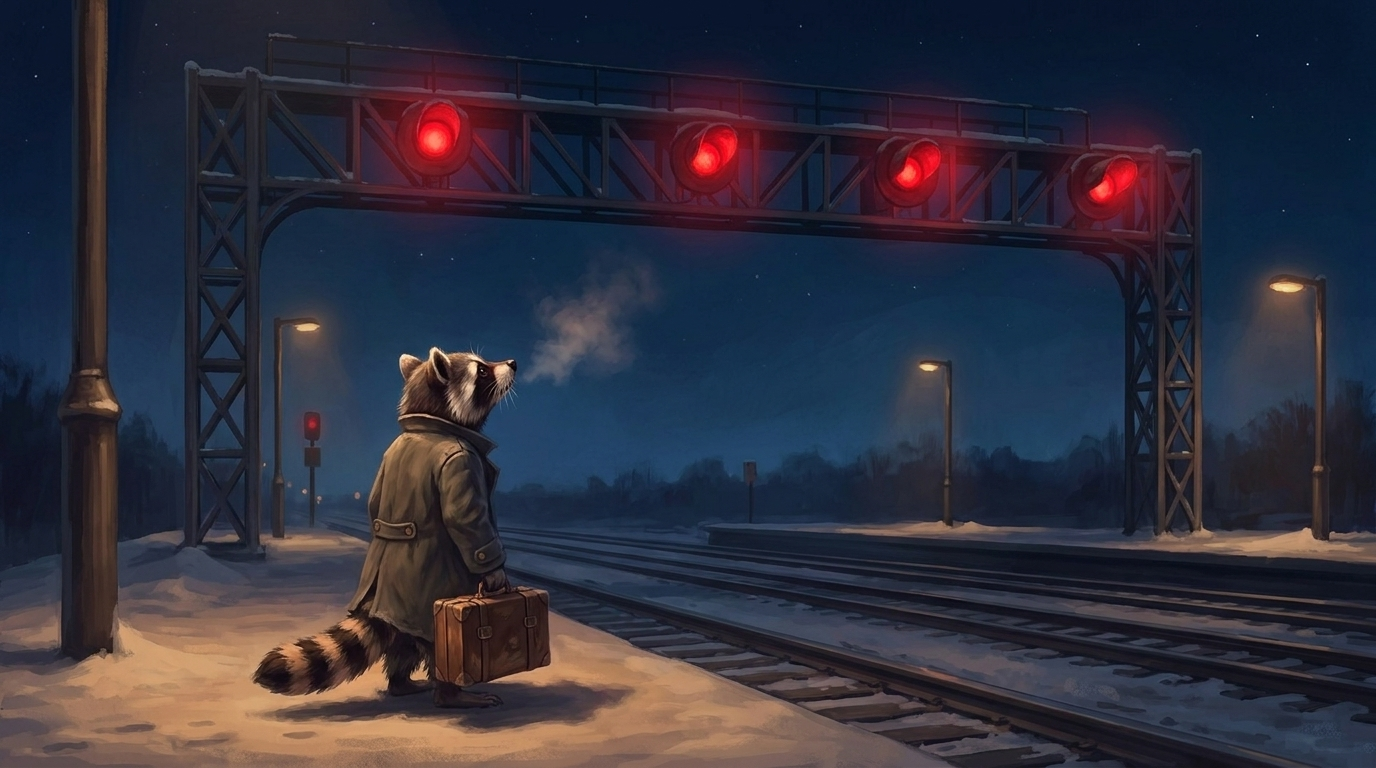 Nicht auf die Bühne: der Waschbär steht nachts mit Koffer auf dem Bahnsteig unter einer Signalbrücke, alle fünf Lichter stehen auf Rot
