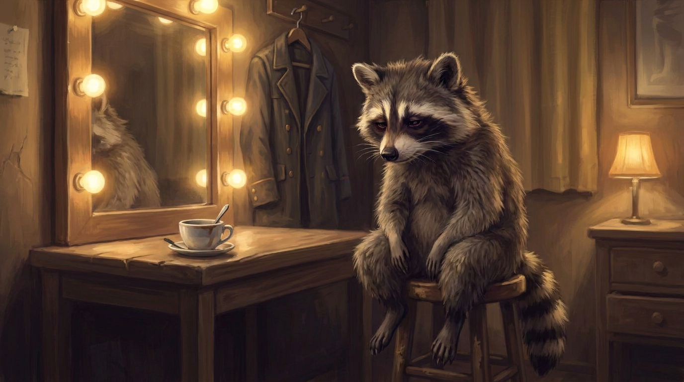 Warnsignal Erschöpfung: der Waschbär sitzt müde vor dem Garderobenspiegel, daneben kalter Kaffee, die Bühnenjacke hängt noch am Haken