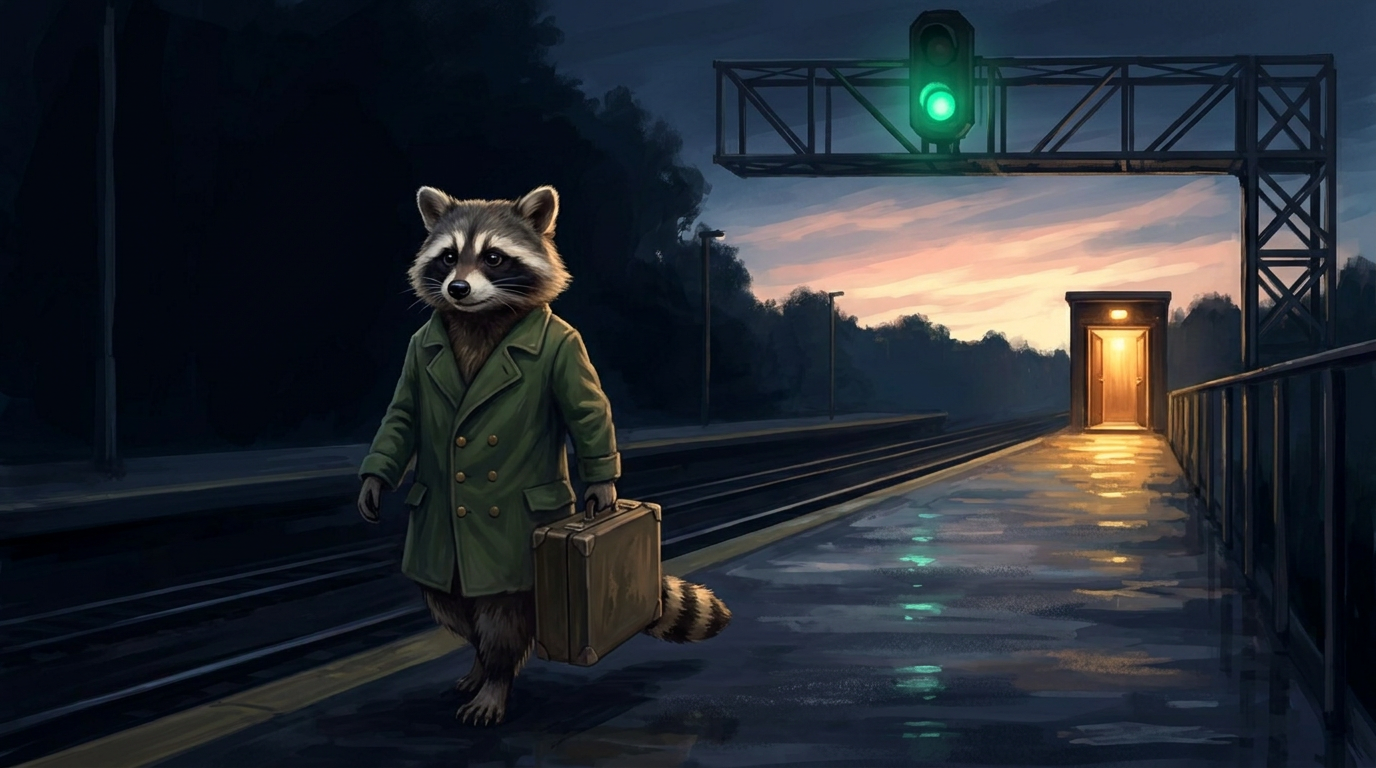 Signal auf Grün: der Waschbär geht mit Koffer über den Bahnsteig auf eine warm beleuchtete Bühnentür zu, über ihm leuchtet ein grünes Signal