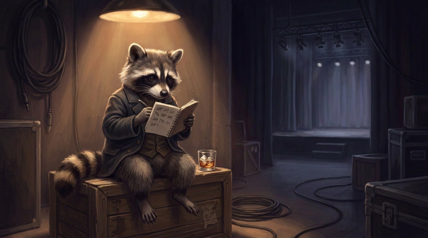 Auswerten statt einstecken: der Waschbär sitzt nach der Show backstage unter einer Lampe und studiert sein kleines Notizbuch