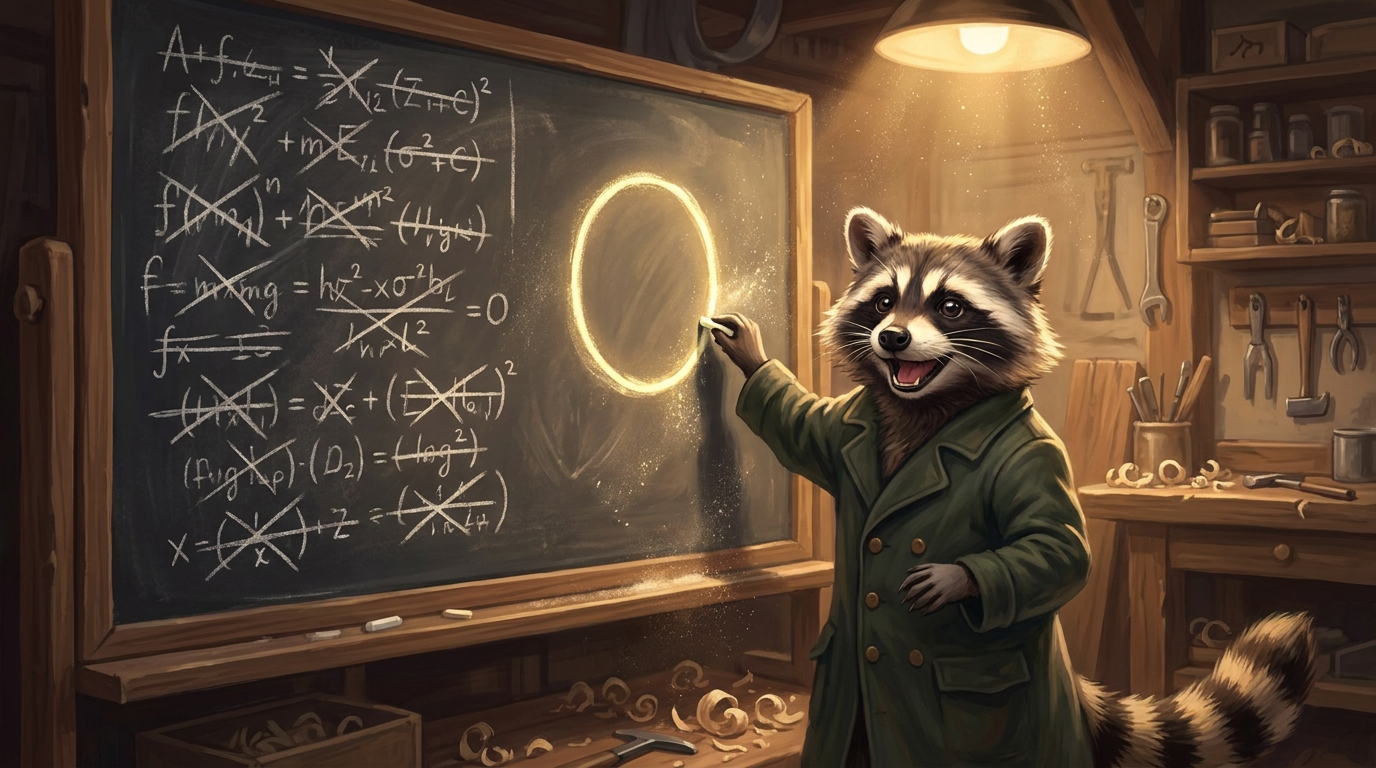 Feynmans Test: der Waschbär streicht an der Tafel das komplizierte Gekritzel durch und malt daneben einen einzigen klaren Kreis