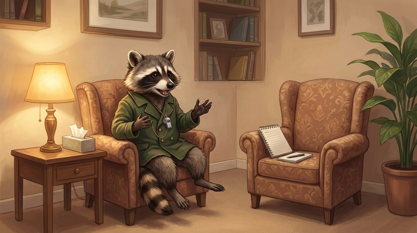Das Zimmer ohne Publikum: der Waschbär sitzt im warmen Therapiezimmer im Sessel, gegenüber der leere Stuhl mit Notizbuch