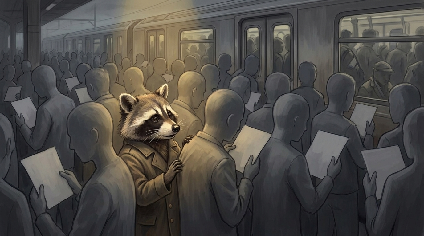 Einheitsthemen beim Slam: der Waschbär steckt in einer Menge identischer grauer Gestalten, alle halten das gleiche Blatt Papier