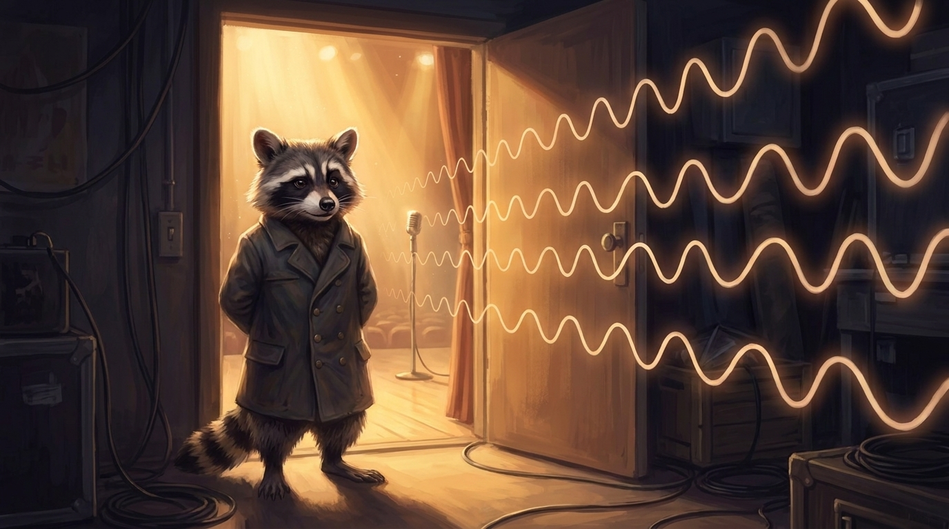 Die Slam-Stimme: der Waschbär lauscht an der Backstage-Tür, aus dem Saal kommen lauter identisch geschwungene Klangwellen