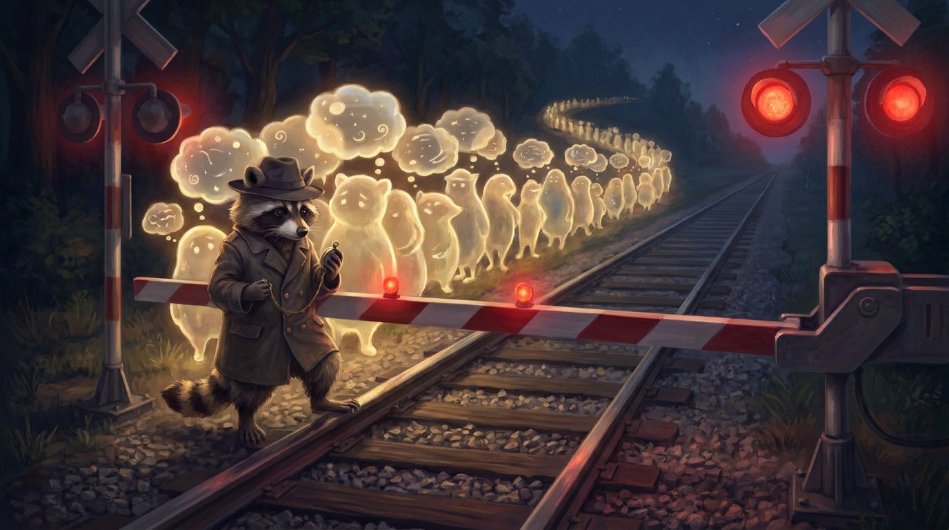 Reime weglassen: der Waschbär wartet nachts an einer rot-weißen Bahnschranke, hinter der sich seine Gedanken wie Fahrgäste stauen