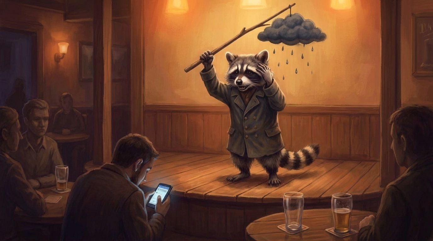 Die Weltschmerz-Miene: der Waschbär hält sich selbst eine kleine Regenwolke über den Kopf und leidet theatralisch