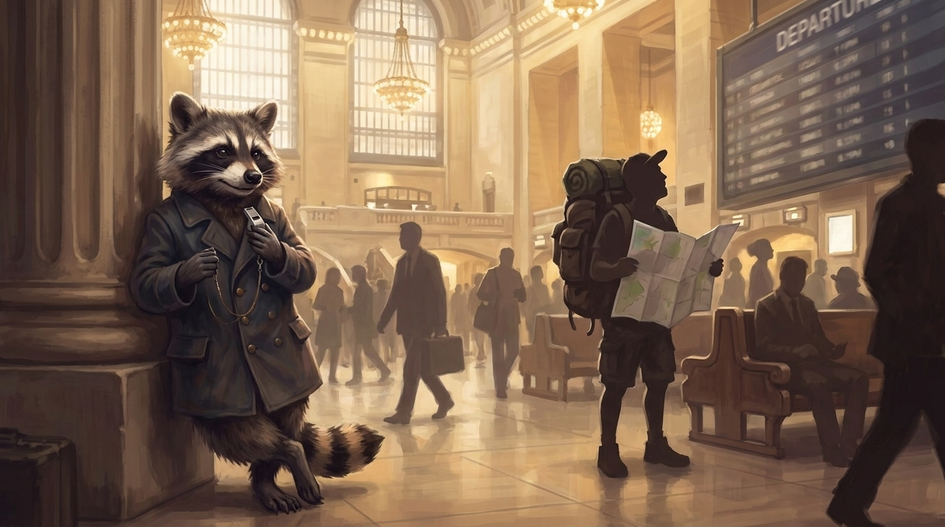 Anfängerfehler Poetry Slam: der Waschbär erkennt in der Bahnhofshalle den einen Touristen mit Riesenrucksack und Faltkarte sofort