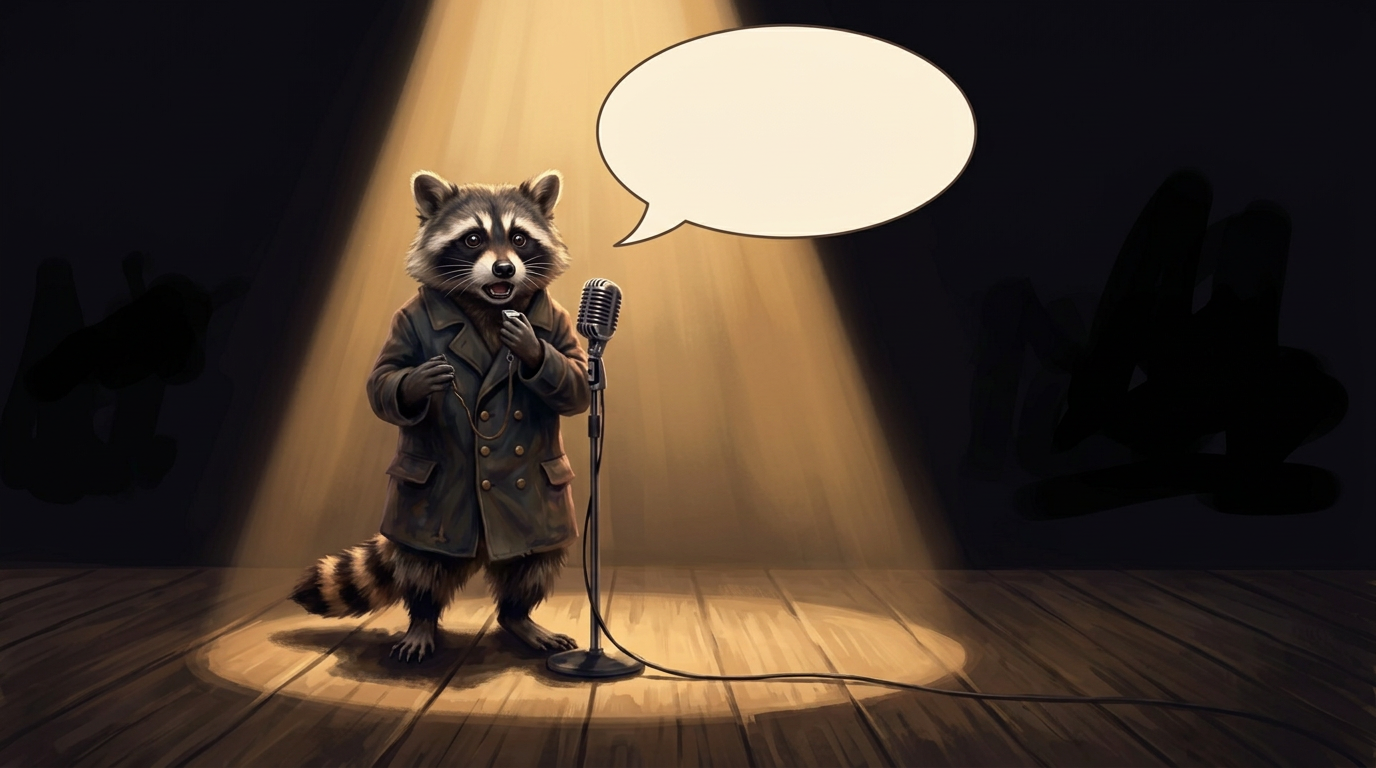 Der berühmteste Anfängerfehler: der Waschbär steht eingefroren im Spotlight, über ihm eine komplett leere Sprechblase