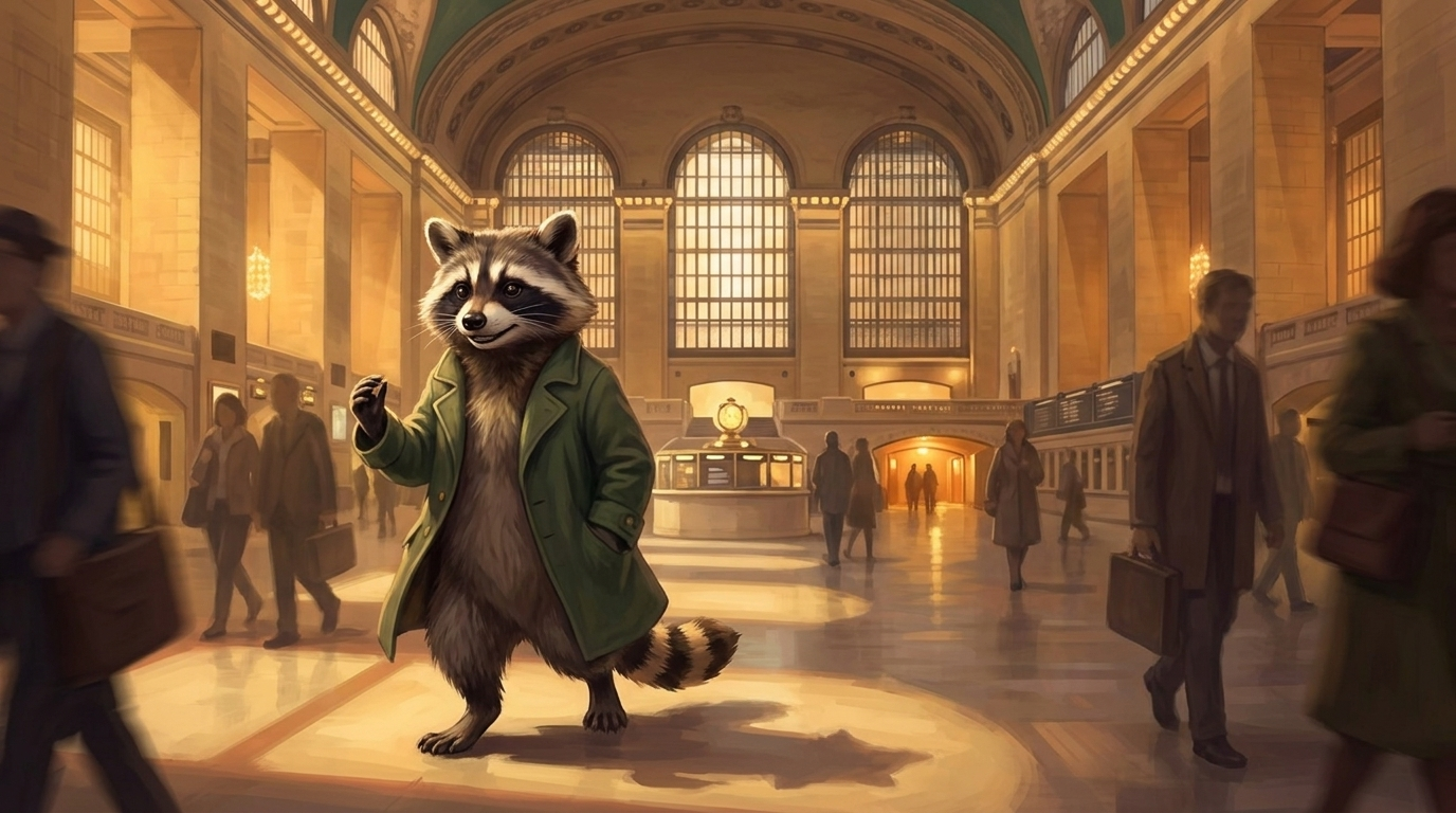 Vom Touristen zum Einheimischen: der Waschbär geht entspannt und ohne Gepäck durch die Bahnhofshalle zur leuchtenden Bühnentür