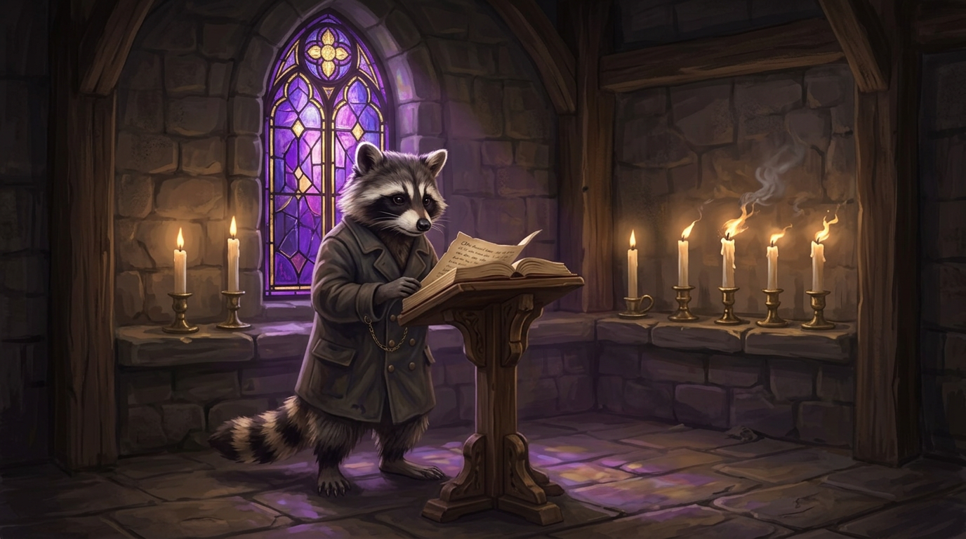Die 7 Todsünden des Slam-Texts: der Waschbär steht mit Manuskript am Pult vor sieben Kerzen im violett-goldenen Licht des Kirchenfensters