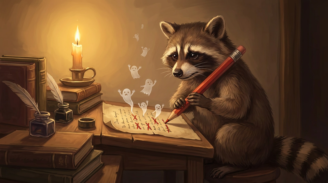 Murder your darlings: der Waschbär streicht mit rotem Stift Lieblingszeilen, die als kleine Papiergeister winkend davonschweben