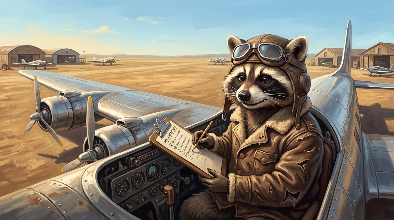 Die Geburt der Checkliste: der Waschbär als Pilot von 1935 hakt in Ruhe seine Liste im offenen Cockpit ab