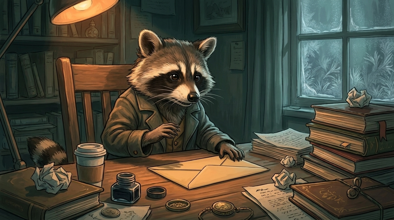 Fehler als Slammer: der Waschbär sitzt am Schreibtisch und schaut auf einen ungeöffneten Umschlag, der neben dem Laptop liegt