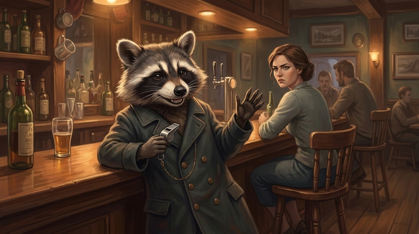 Fehler als Slammer: der Waschbär lehnt an einer Bar und redet mit zwei Gästen, während im Hintergrund jemand sein Glas abstellt und geht