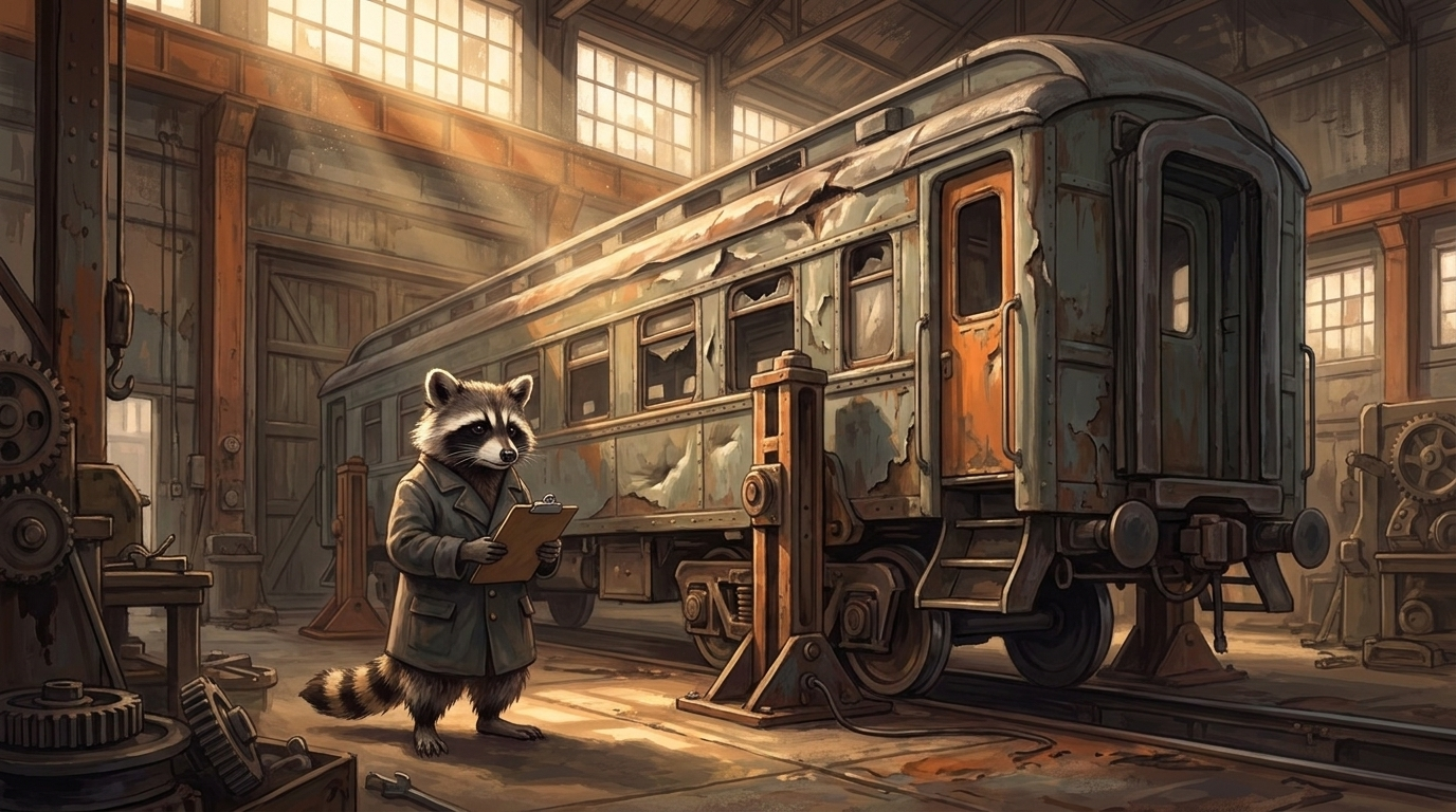 Fehler als Slammer: der Waschbär steht mit Klemmbrett in einer Werkhalle vor einem alten Waggon und notiert die Schäden