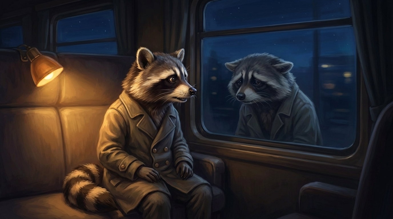 Auftritt ruinieren: der Waschbär sitzt nachts im Zugabteil, sein Spiegelbild im Fenster schaut ihn niedergeschlagen an