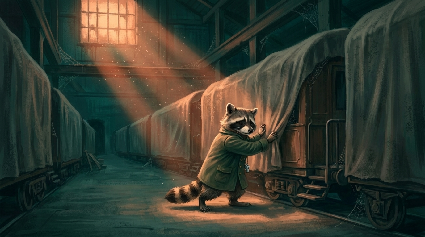 Slam Trends im Museum: der Waschbär schiebt in einer Depothalle einen weiteren ausrangierten Waggon unter die Staubtücher