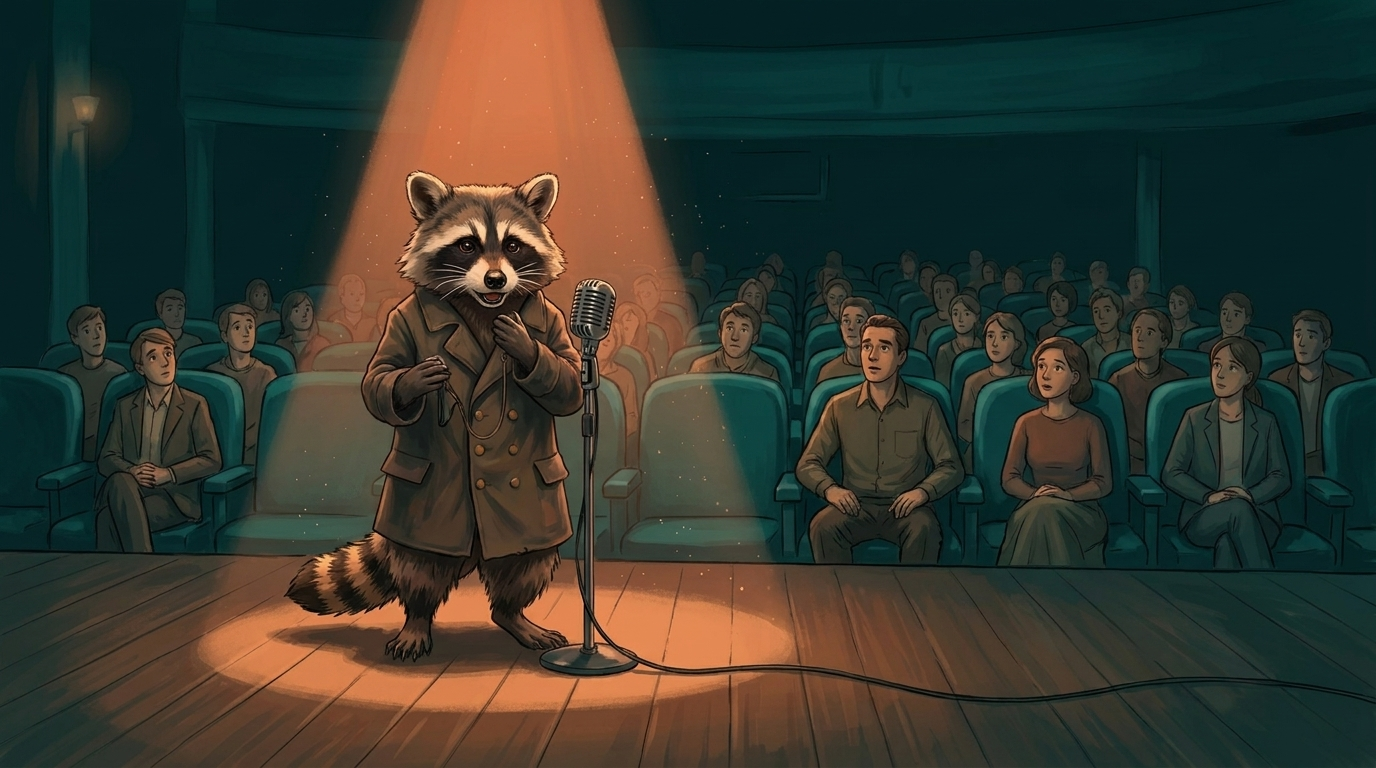 Slam Trends: der Waschbär steht ganz still im schmalen Lichtkegel am Mikrofon und sagt einen einzigen Satz, das Publikum ist gebannt still