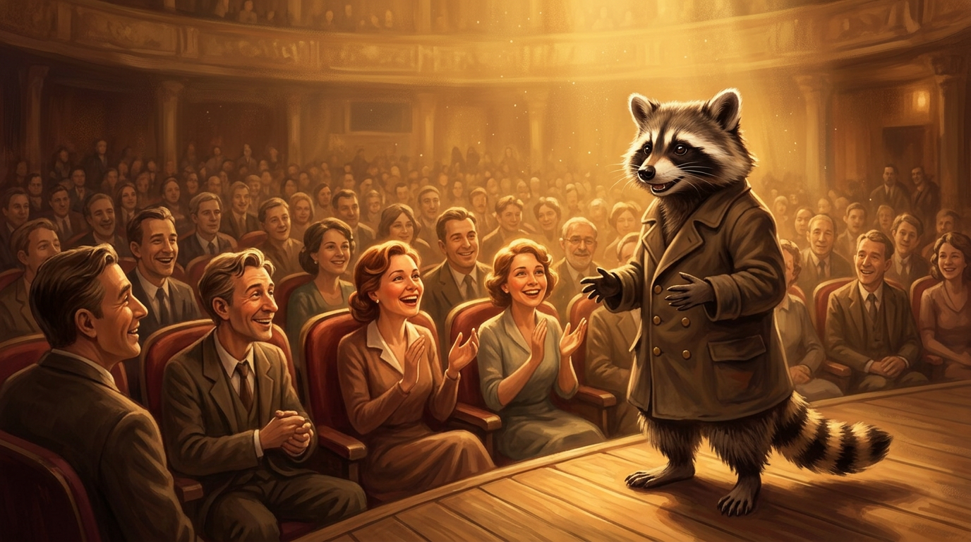 Publikum reagiert nicht: der Waschbär steht dicht am Bühnenrand und spricht mit einem lachenden, applaudierenden Publikum, das sich zu ihm vorbeugt