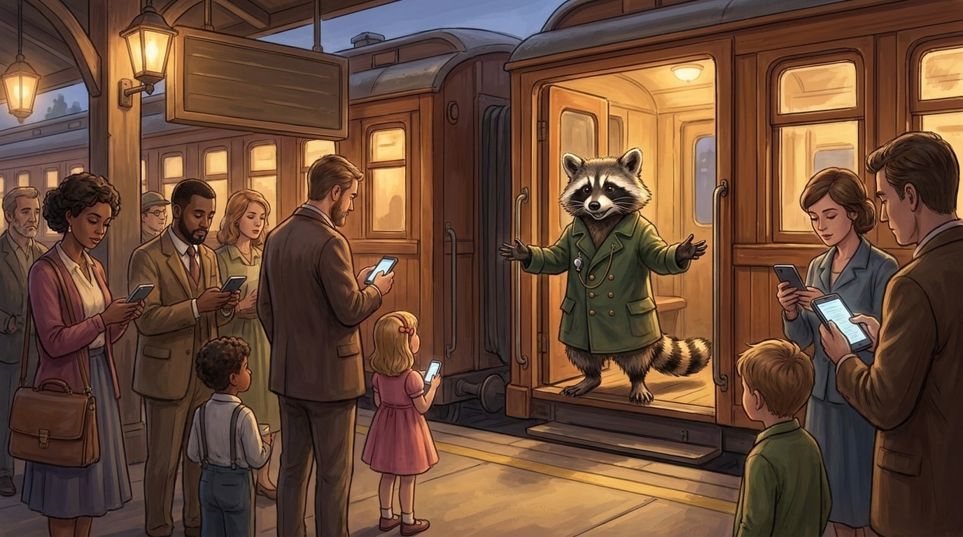 Publikum reagiert nicht: der Waschbär steht mit offenen Armen in der Tür eines Zugwaggons, auf dem Bahnsteig wartet eine Menschenmenge, aber niemand steigt ein