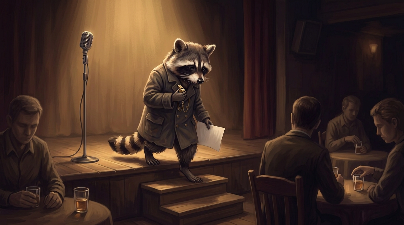 Aufhören nach ersten Auftritten: der Waschbär geht mit hängenden Schultern und einem Blatt Papier die Stufen von einer kleinen Bühne herunter