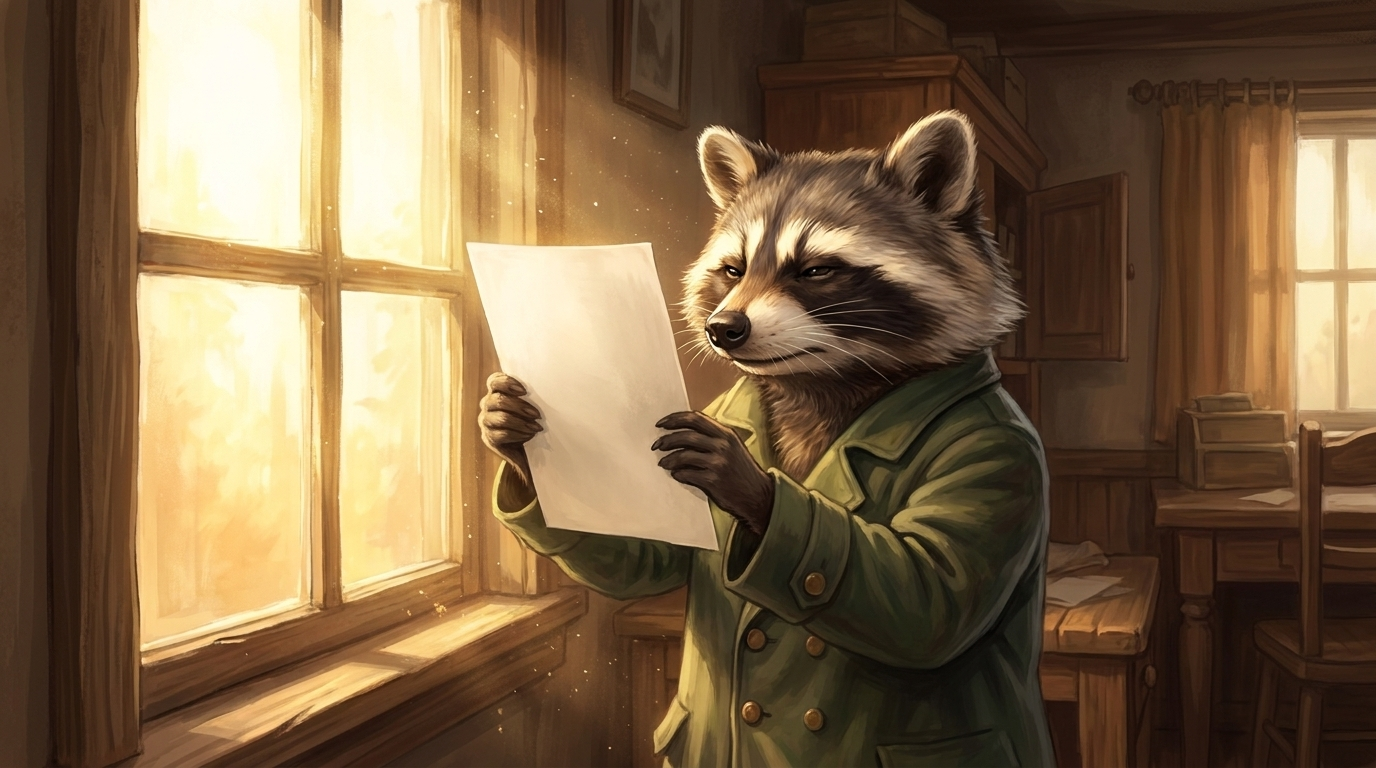Schreibtricks Slam: der Waschbär hält ein einzelnes Blatt Papier gegen ein helles Fenster und prüft es im Gegenlicht