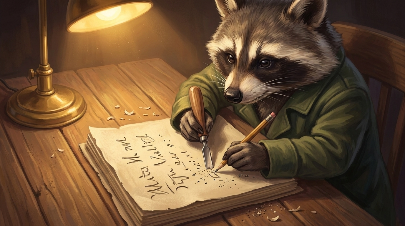 Schreibtricks Slam: der Waschbär sitzt am Schreibtisch und bearbeitet ein Blatt Papier mit einem kleinen Stecheisen, als würde er Wörter herausschnitzen
