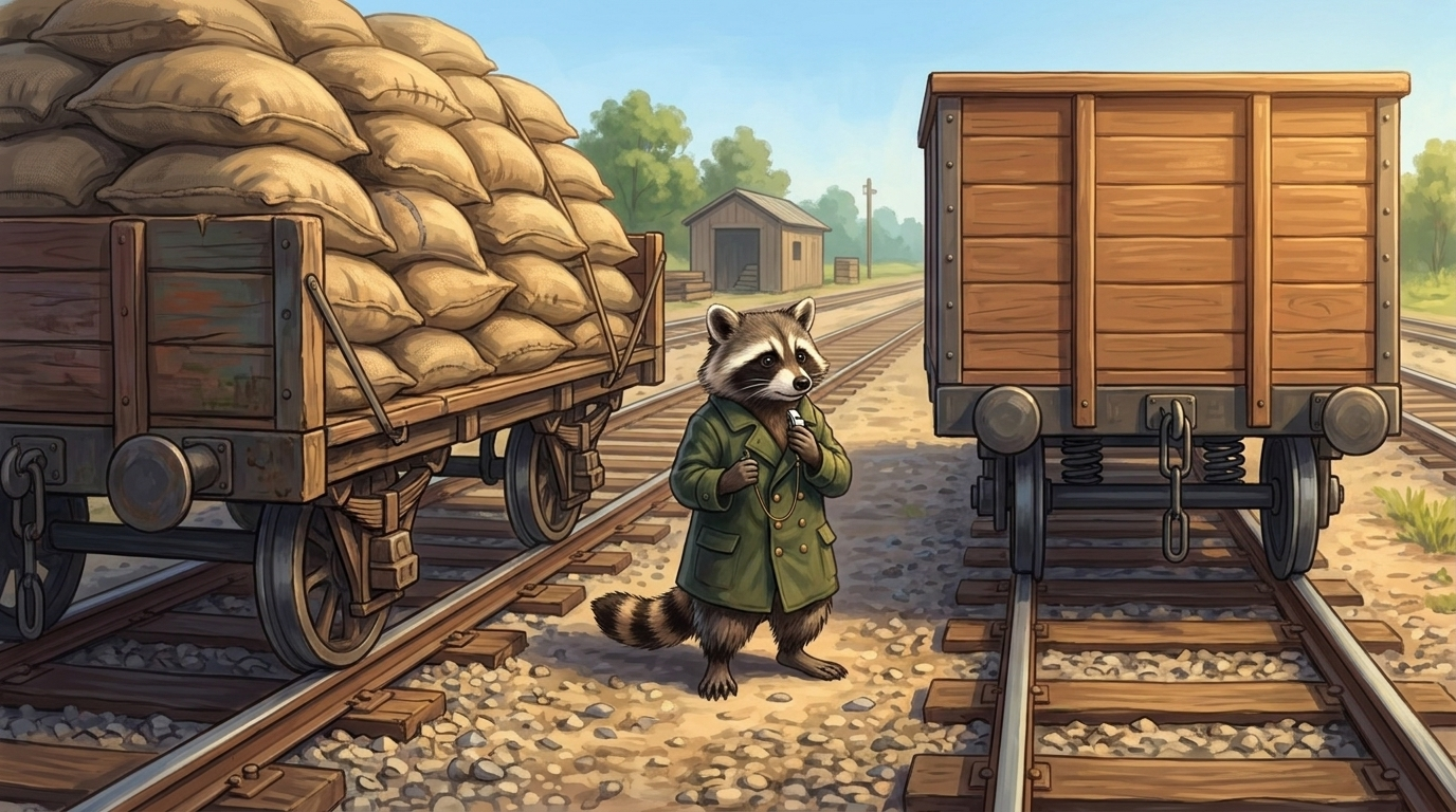 Wörter streichen Text: der Waschbär steht zwischen zwei Waggons, links ein überladener, rechts ein leerer, der hoch auf den Federn steht