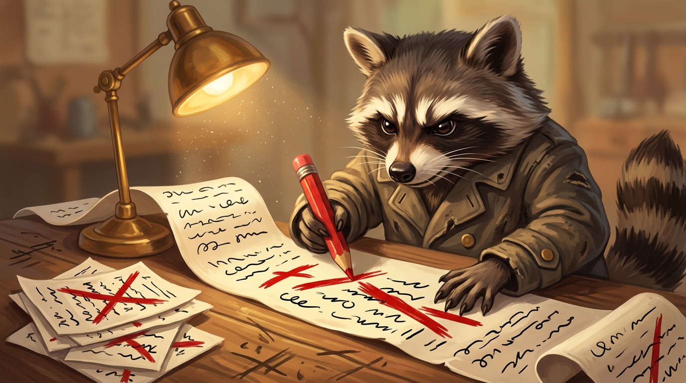 Wörter streichen Text: der Waschbär streicht mit einem dicken Rotstift Zeilen auf einem langen Blatt durch, daneben ein Stapel bereits durchgestrichener Seiten