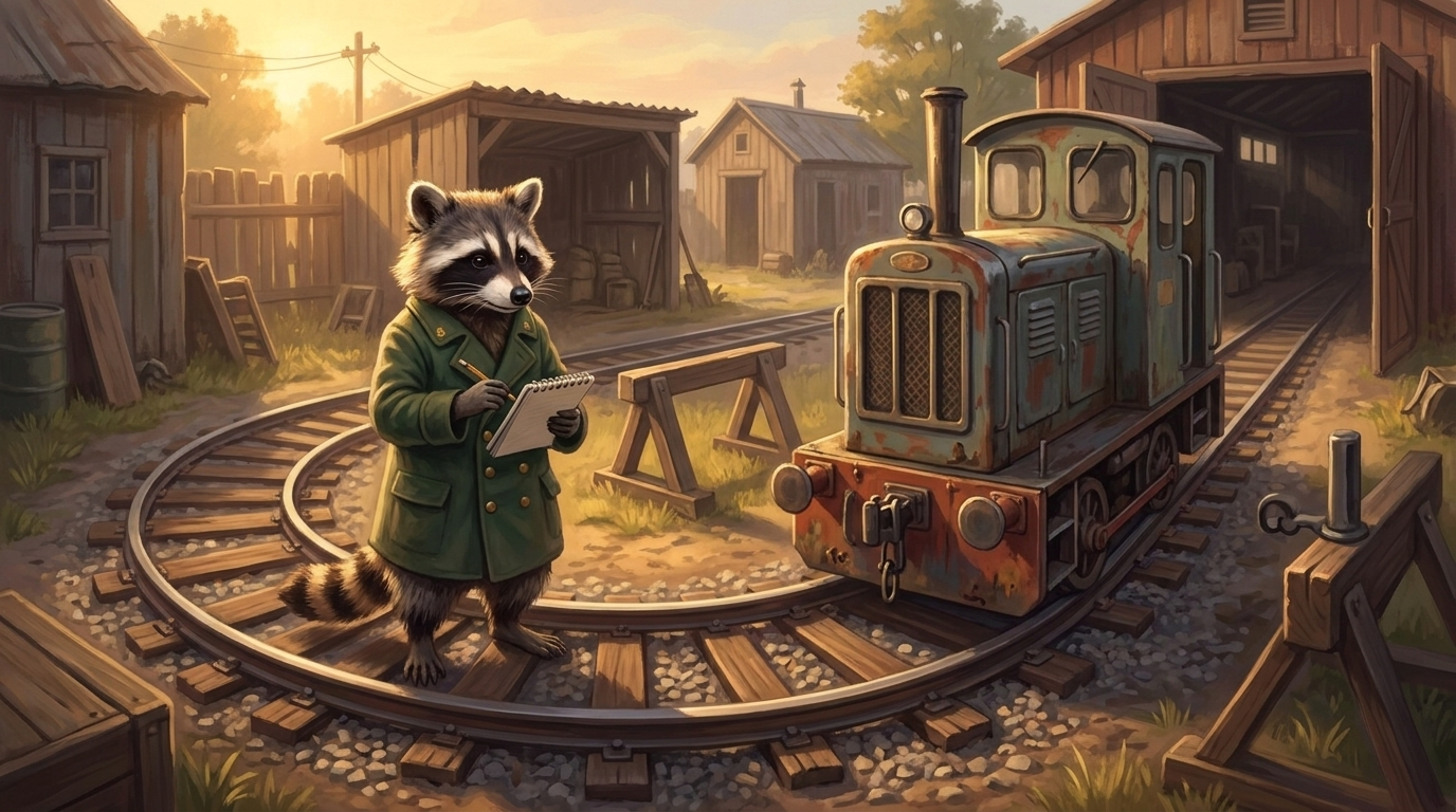 Schreibübungen Slam: der Waschbär steht mit einem Notizbuch auf einem kurzen Übungsgleis in einem Bahnbetriebswerk, daneben eine kleine Rangierlok
