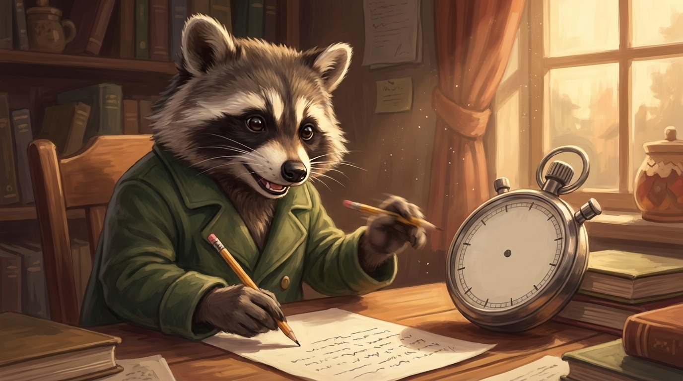 Schreibübungen Slam: der Waschbär schreibt zügig an einem Schreibtisch, daneben liegt eine große alte Stoppuhr