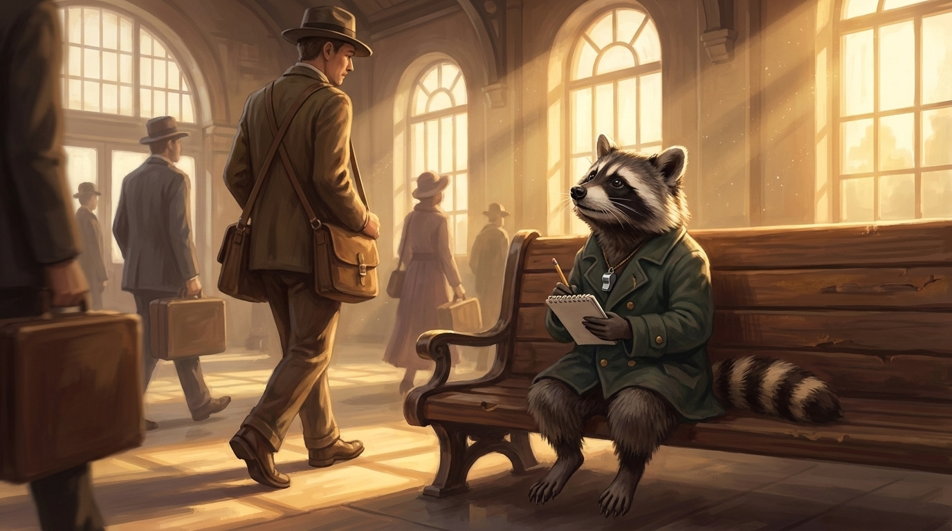 Schreibübungen Slam: der Waschbär sitzt mit Notizbuch auf einer Bahnhofsbank und beobachtet aufmerksam die vorbeigehenden Reisenden