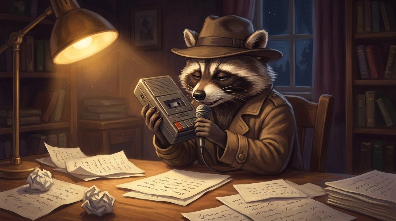 Schreibübungen Slam: der Waschbär spricht in ein altes Aufnahmegerät und hört mit halb geschlossenen Augen seiner eigenen Stimme nach