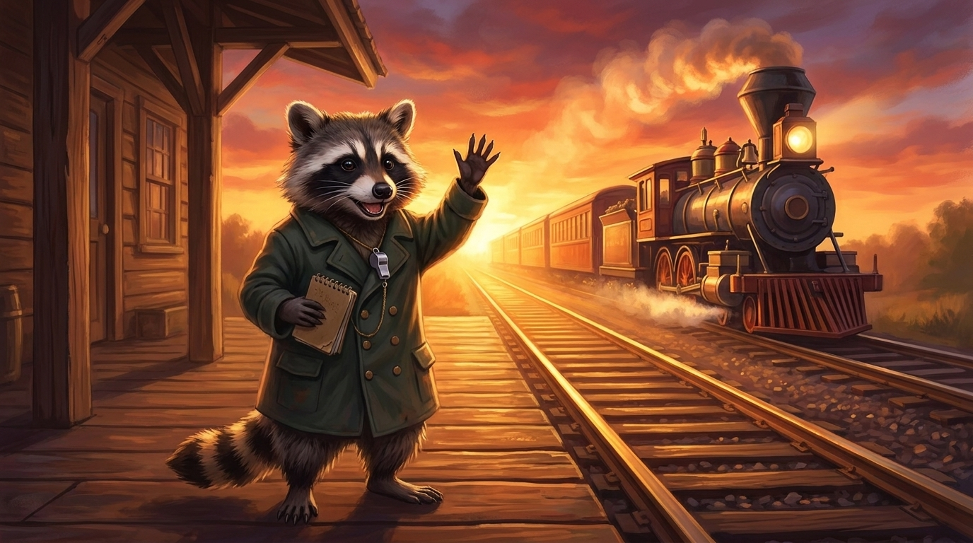 Satzanfänge Text: der Waschbär steht mit seinem Notizbuch auf dem Bahnsteig und winkt einem abfahrenden Zug im Abendlicht hinterher