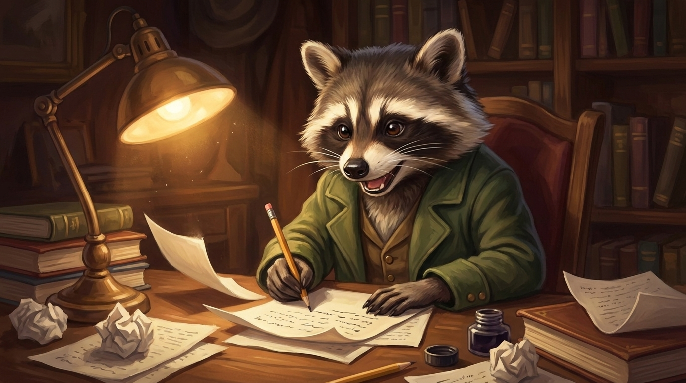 Satzanfänge Text: der Waschbär schreibt konzentriert und schnell, der Bleistift ist in Bewegung, Blätter rutschen über den Tisch