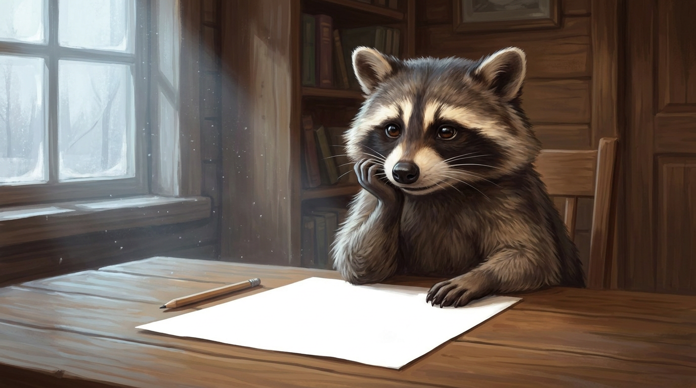 Satzanfänge Text: der Waschbär sitzt ratlos am Schreibtisch vor einem völlig leeren Blatt Papier, das Kinn auf die Pfote gestützt