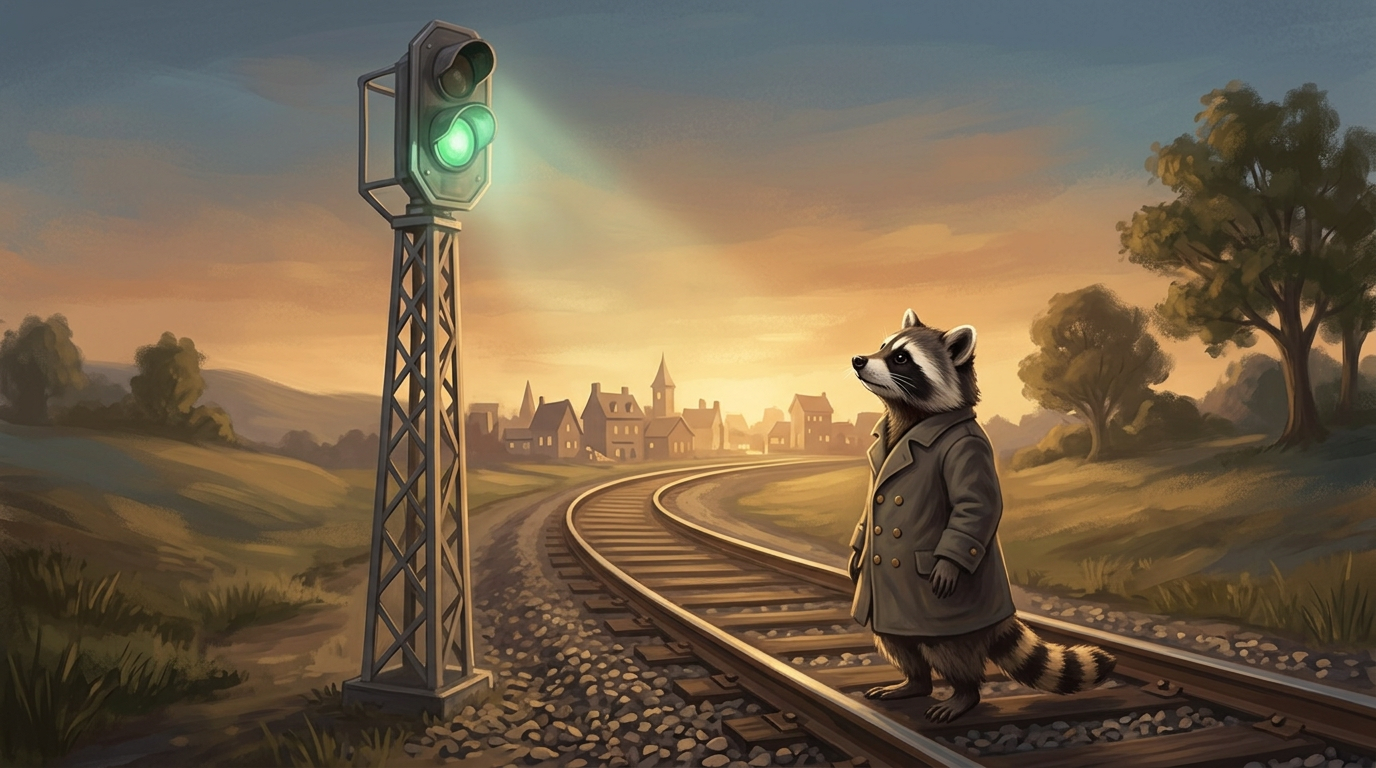 Erster Satz Text: der Waschbär steht am Gleis und schaut zu einem hohen Einfahrsignal hinauf, dessen Licht auf Fahrt steht