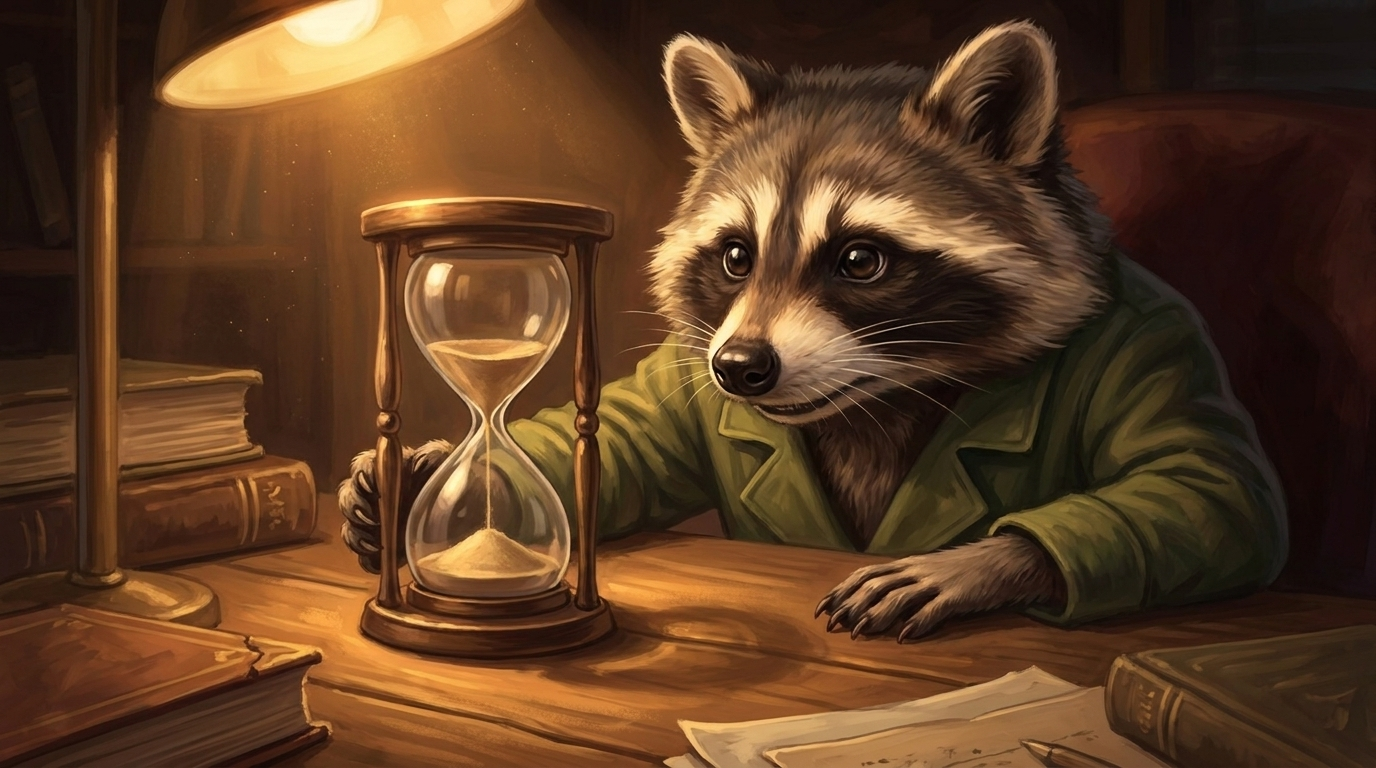 Erster Satz Text: der Waschbär beobachtet eine Sanduhr auf dem Schreibtisch, in deren oberer Kammer nur noch wenig Sand liegt