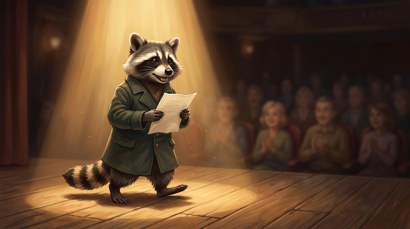 Waschb&auml;r betritt mit einem Blatt Papier die B&uuml;hne &mdash; fertiger Text nach dem schnell Text schreiben
