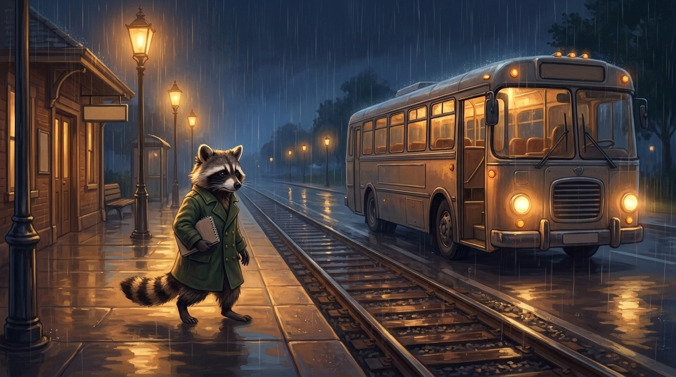 Waschb&auml;r geht bei Regen &uuml;ber einen leeren Bahnsteig zum wartenden Ersatzbus &mdash; Sinnbild f&uuml;rs schnell Text schreiben