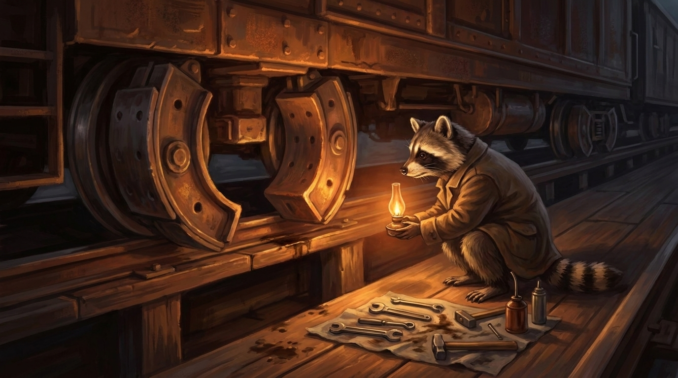 Waschb&auml;r pr&uuml;ft mit einer Lampe die Bremskl&ouml;tze unter einem Waggon &mdash; genaues Hinsehen beim Text selbst pr&uuml;fen