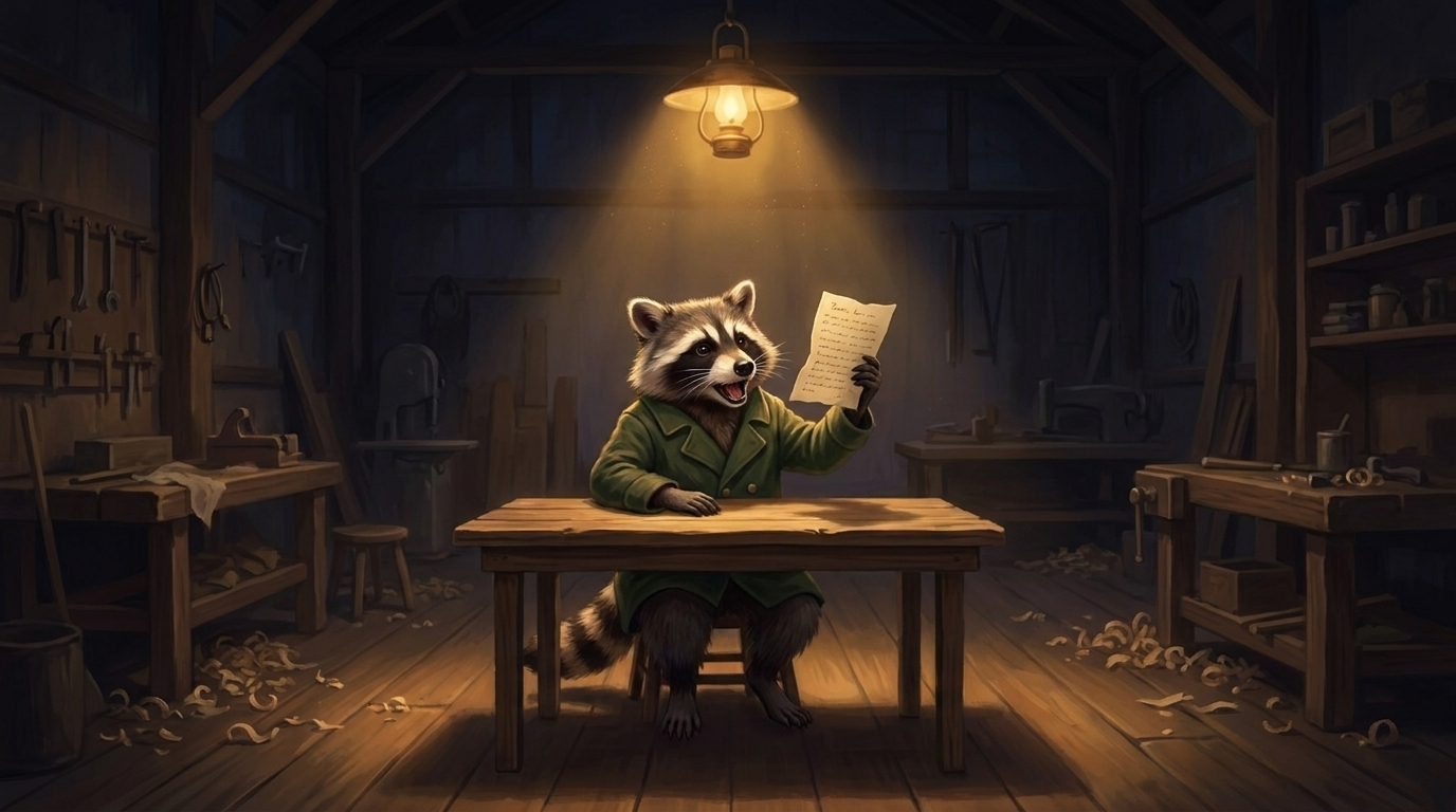 Waschb&auml;r liest seinen Text nachts laut in einer leeren Werkhalle vor, um den Text selbst pr&uuml;fen zu k&ouml;nnen