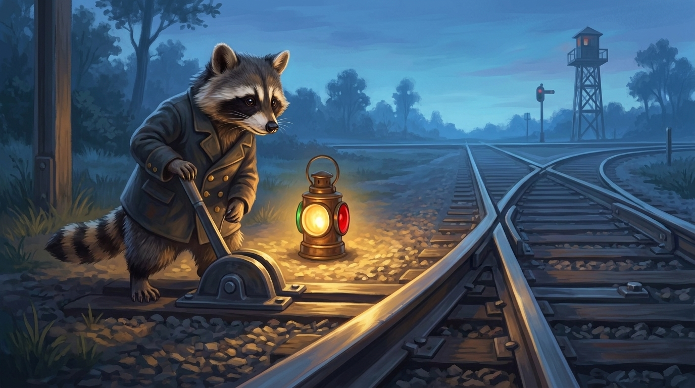 Waschb&auml;r an einer Weiche, die den Fahrweg umlegt &mdash; Themenwechsel und &Uuml;berg&auml;nge im Text