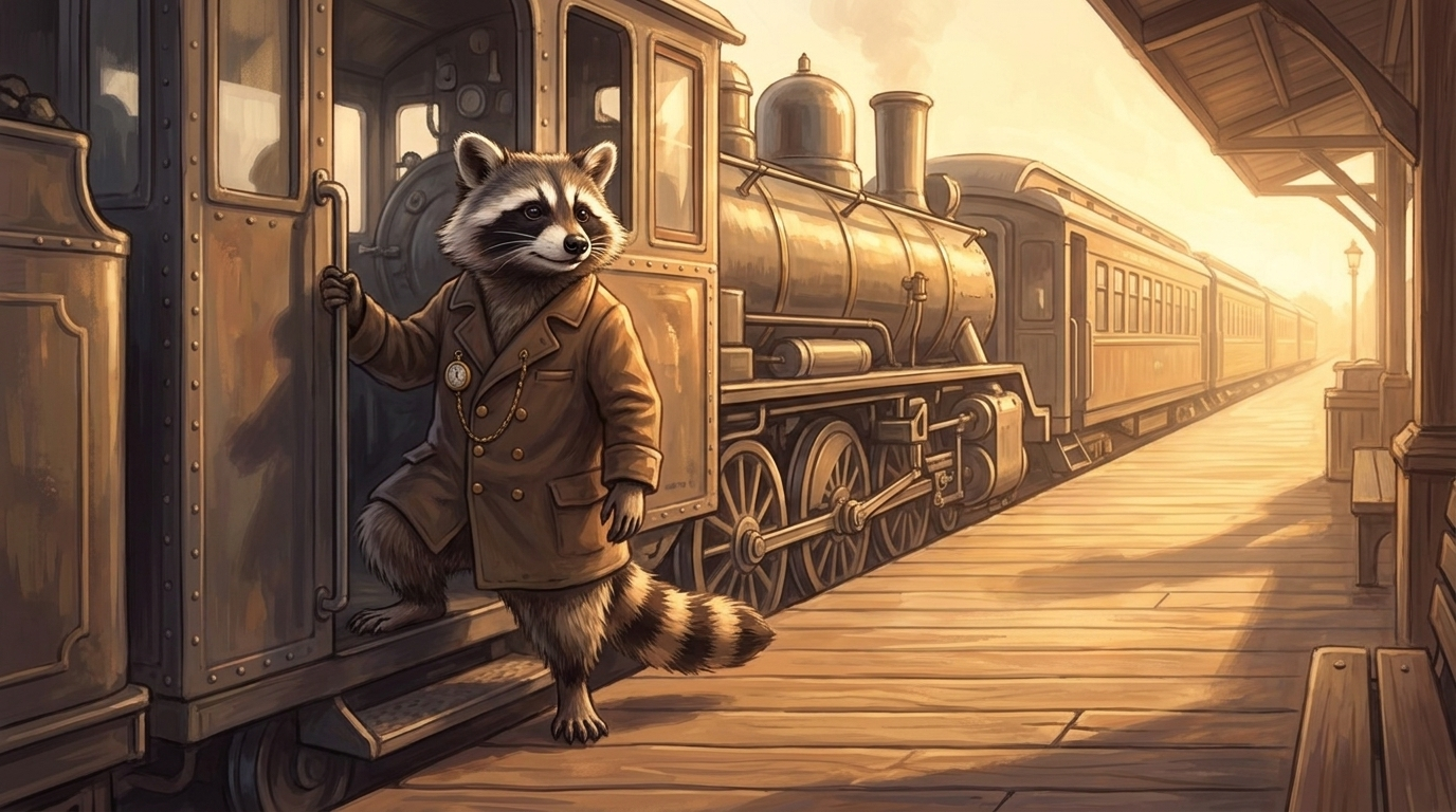 Waschbär steigt zufrieden aus dem Führerstand auf den sonnigen Bahnsteig – das ruhige Gefühl nach dem Auftritt eines Profi Slammers