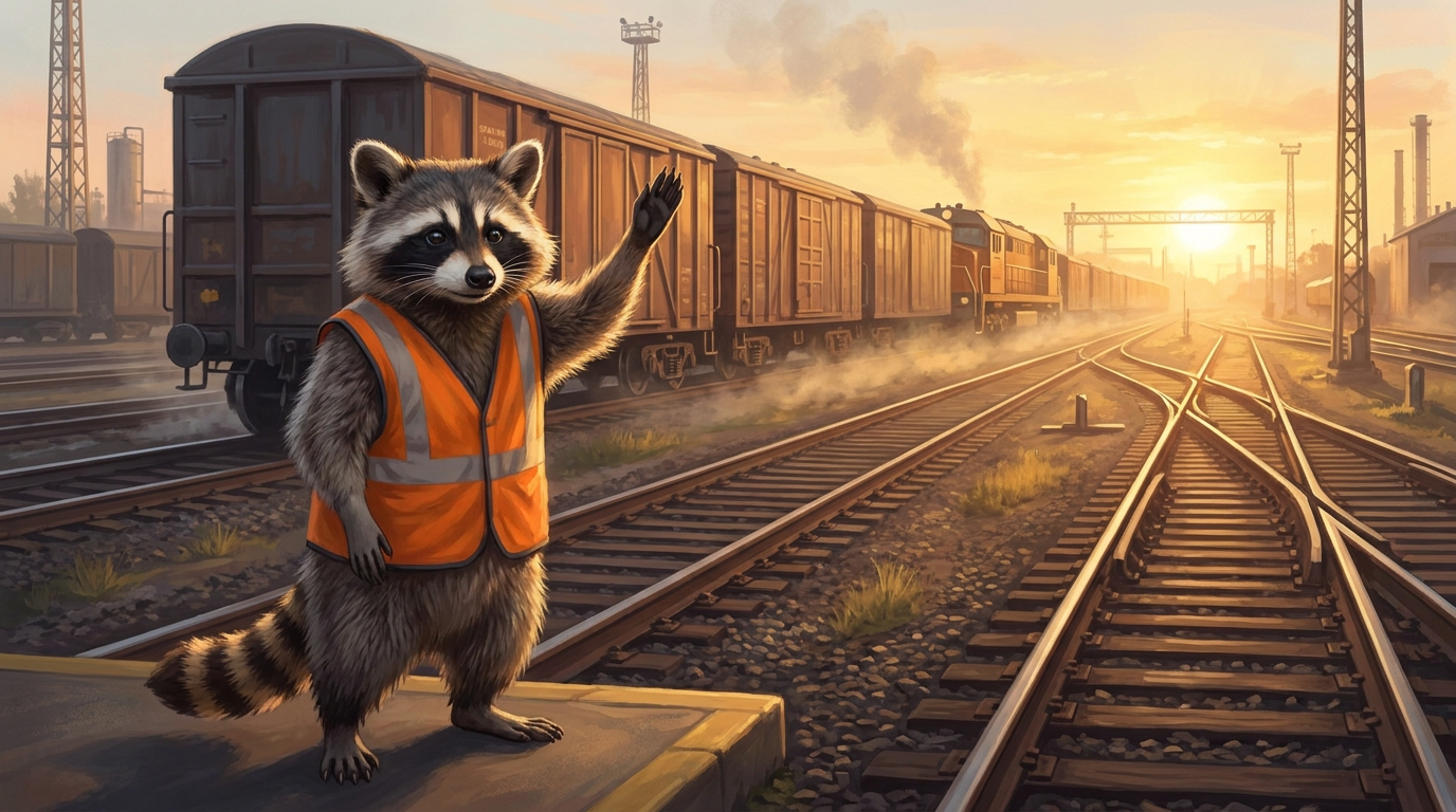 Waschbär in orangefarbener Warnweste hebt am Rangierbahnhof die Pfote zum Handzeichen – so kannst du dein Publikum gewinnen