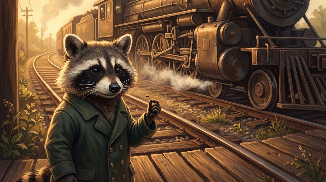 Waschbär macht eine winzige Pfotenbewegung, während hinten eine schwere Lok anrollt – kleine Gesten, mit denen du dein Publikum gewinnen kannst