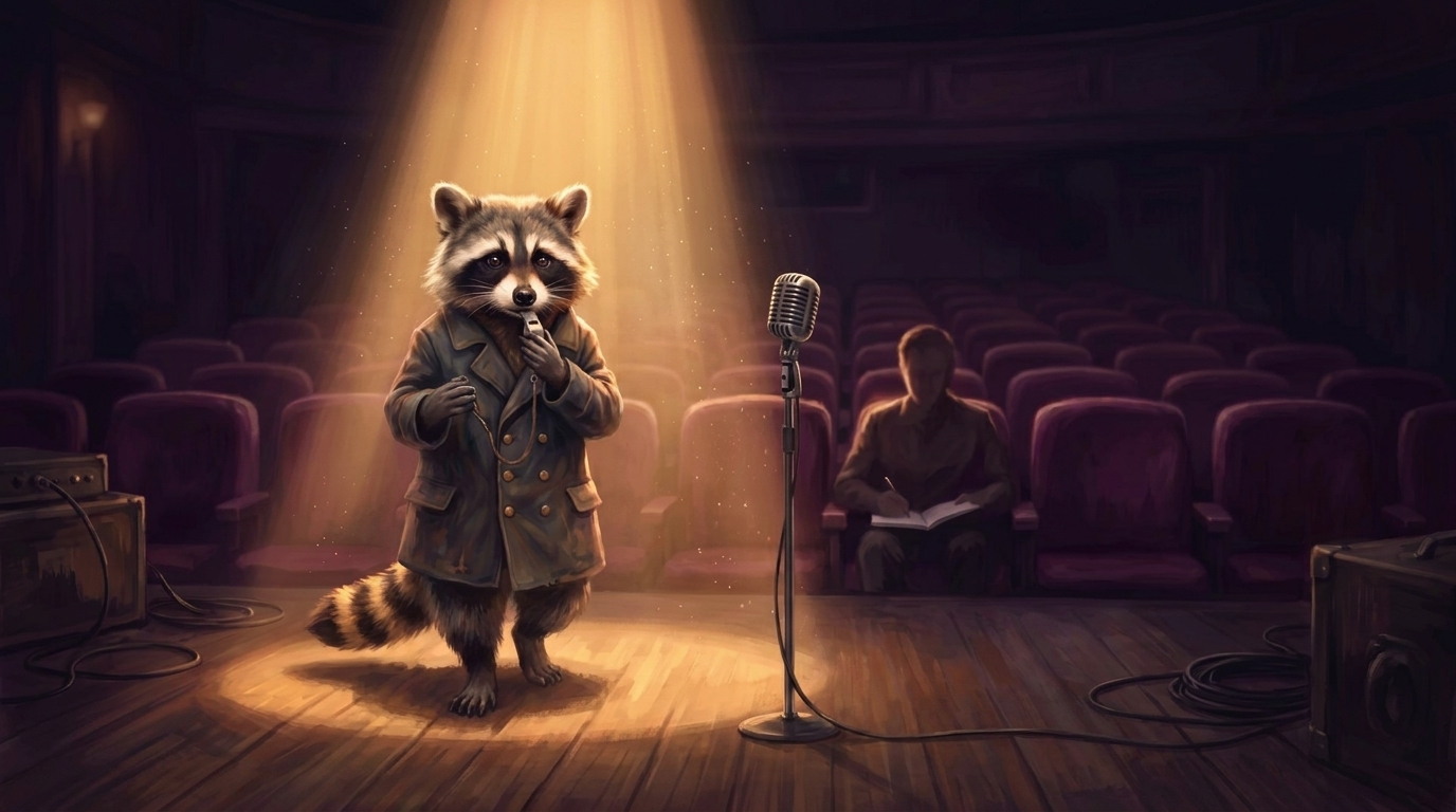 Waschbär macht auf der Bühne einen einzelnen Schritt nach vorn ins Scheinwerferlicht – eine Bewegung, mit der du dein Publikum gewinnen kannst