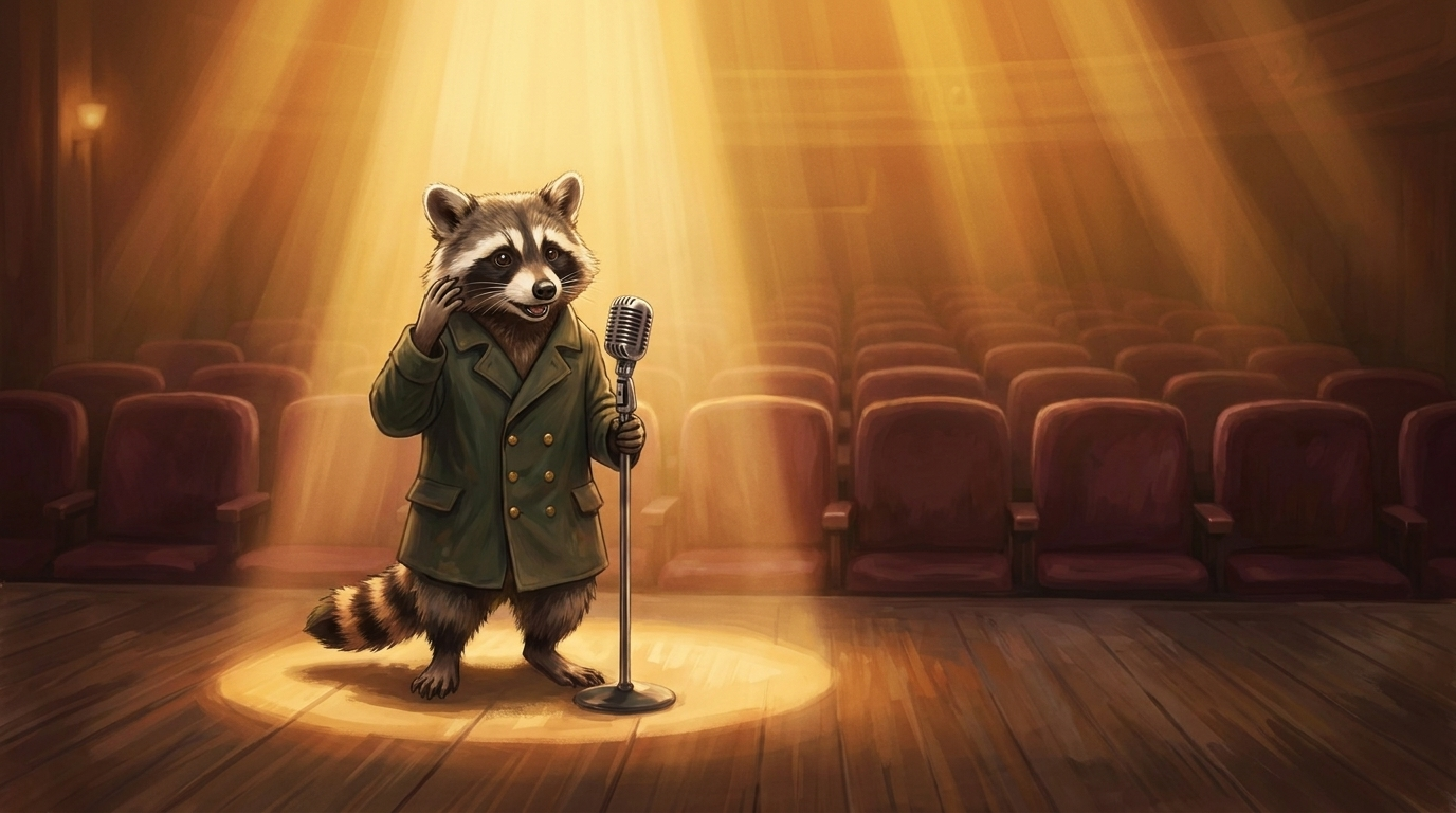 Waschbär berührt mitten im Satz sein eigenes Ohr – eine der klassischen nervösen Gesten auf der Bühne