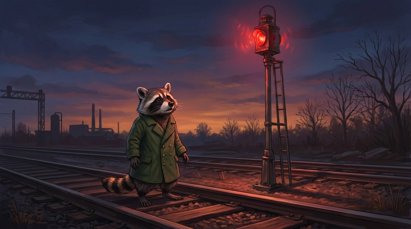 Waschbär steht im Dämmerlicht vor einem flackernden Signalmast – nervöse Gesten wirken wie eine Signalstörung