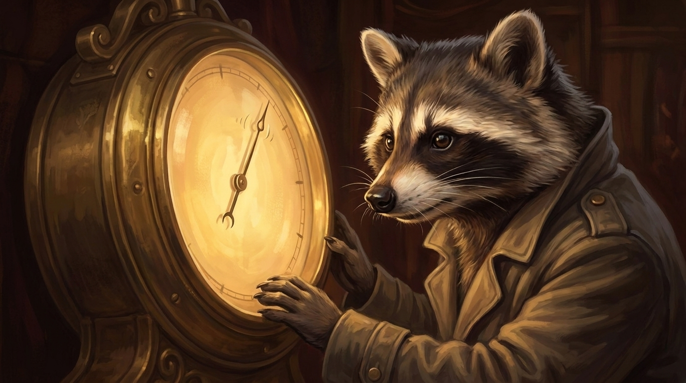 Waschbär beobachtet die zitternde Nadel eines Messinstruments – wie beim Auftritt analysieren zeigt der Ausschlag, was passiert